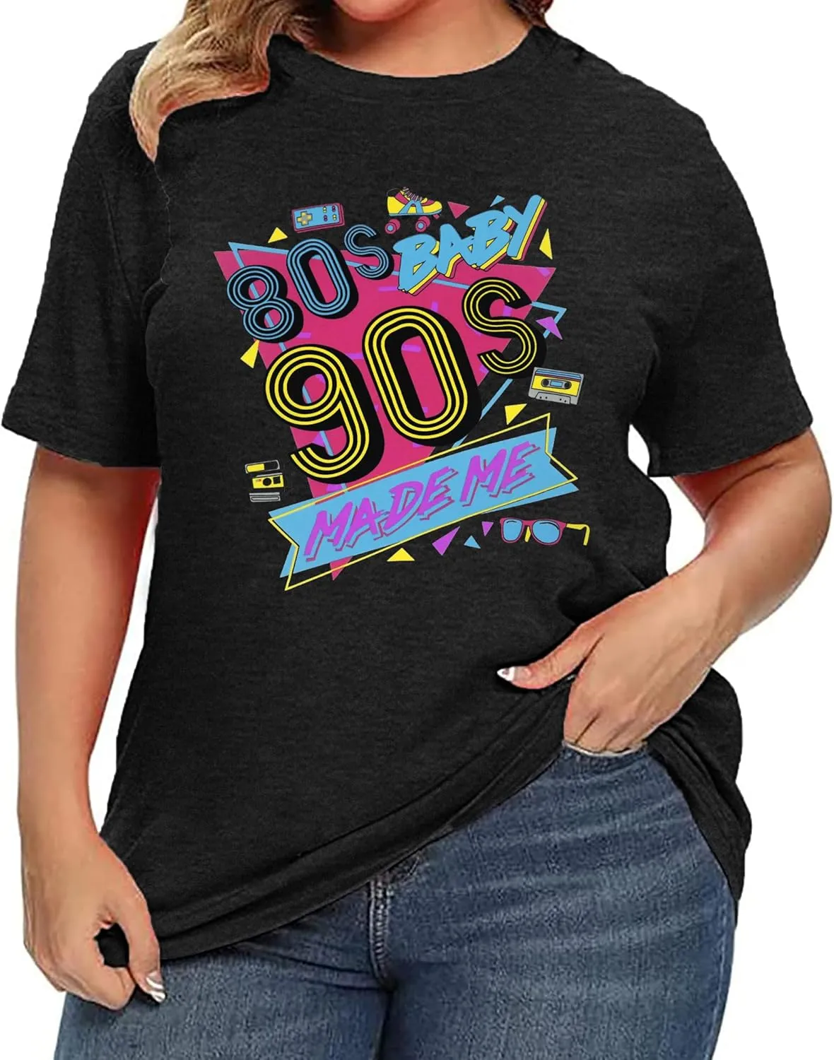 80s Baby 90s Made Me Shirt: Women Plus Size 90s Outfits Shirts Retro 80's Nostalgia Tshirt