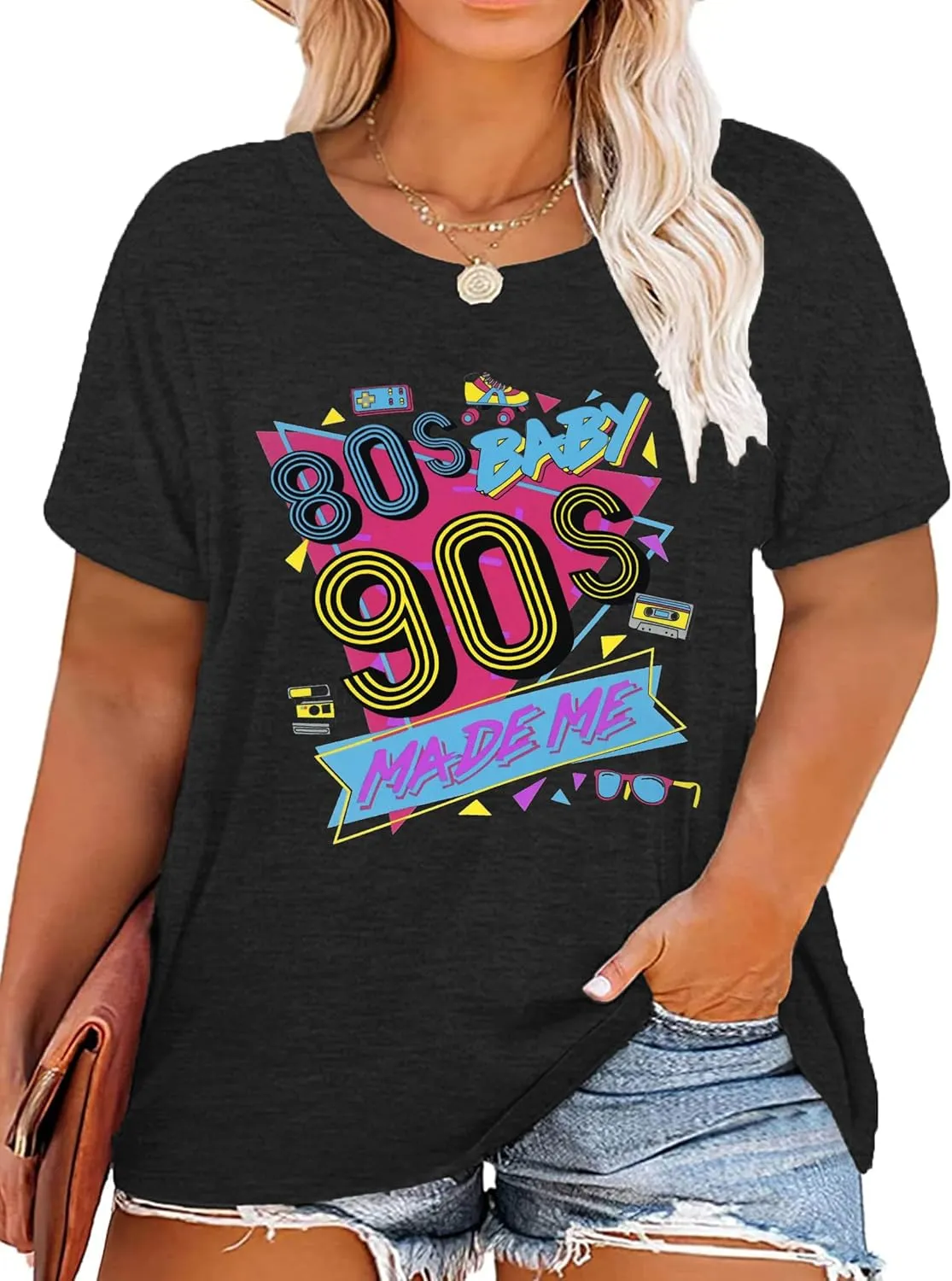 80s Baby 90s Made Me Shirt: Women Plus Size 90s Outfits Shirts Retro 80's Nostalgia Tshirt