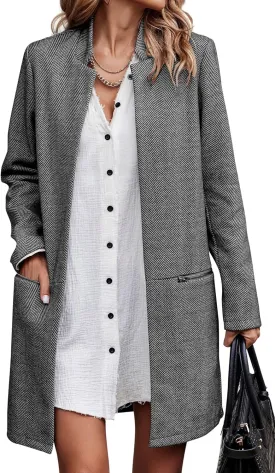 Angashion Womens Coat, Long Sleeve Stand Collar Cardigan Mid-Long Open Front Outwear Overcoat with Zipper Pockets
