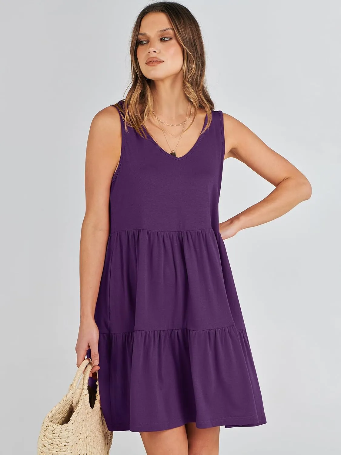 ANRABESS Womens Summer Casual Tank Dress Sleeveless V Neck T Shirt Sundress Flowy Tiered Swing Mini Beach Vacation Dresses