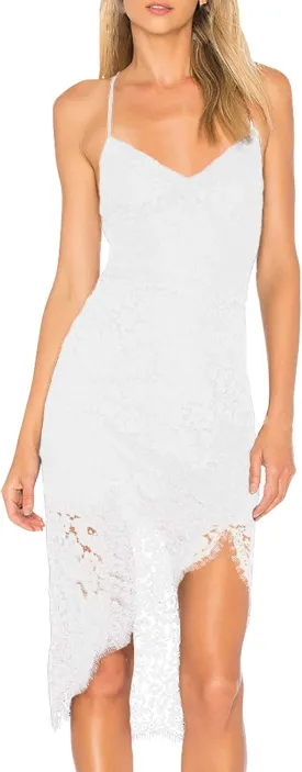 AOOKSMERY Women Summer V-Neck Spaghetti Straps Lace Backless Party Dress High Low Cocktail Bodycon Midi Dresses