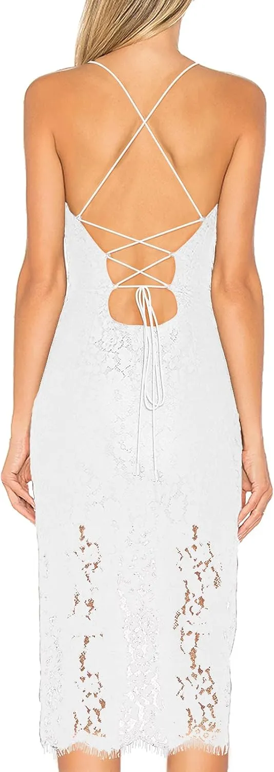 AOOKSMERY Women Summer V-Neck Spaghetti Straps Lace Backless Party Dress High Low Cocktail Bodycon Midi Dresses