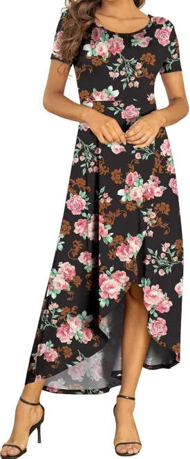 AYIFU Womens Summer Dresses High Low Slit Hem Casual Short Sleeve Maxi Dress with Buttons
