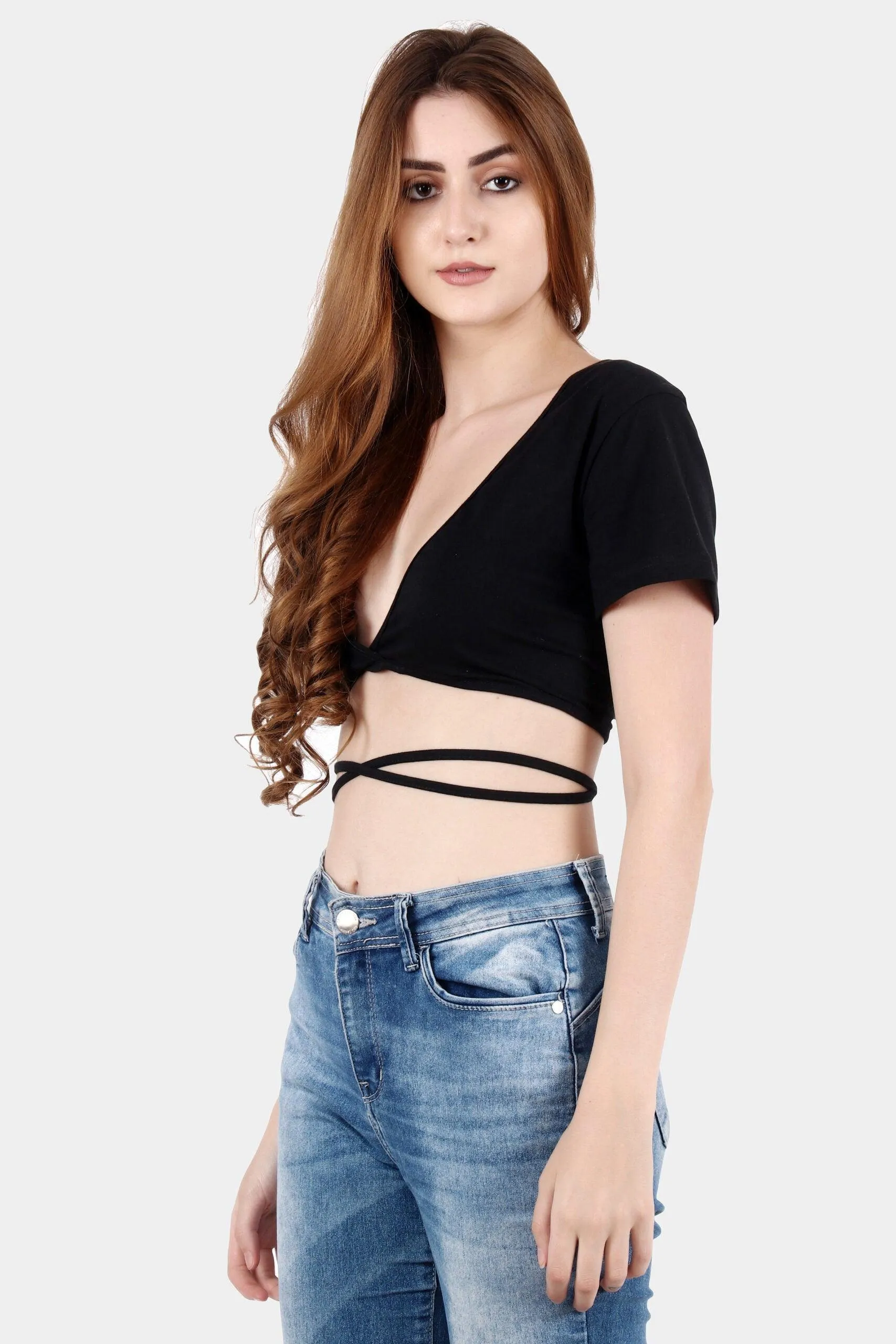 Black Solid String Tie Top