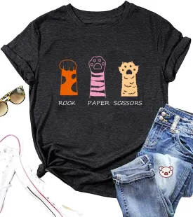 Cat Shirt for Women Funny Rock Paper Scissors Tshirts Cute Cat Paw Graphic Tee