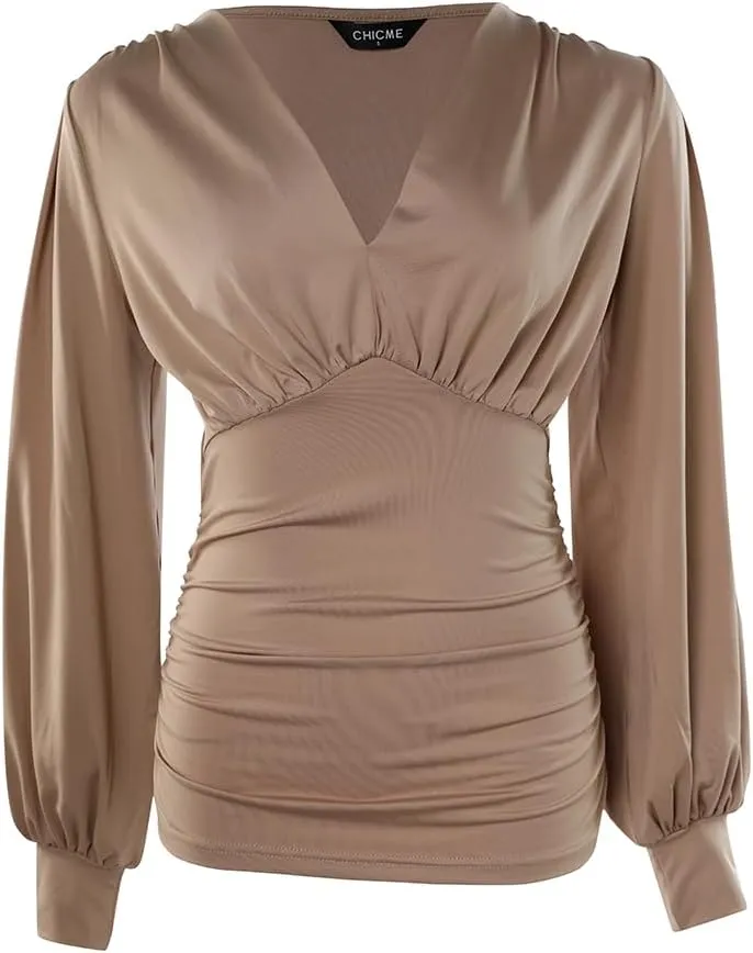 CHICME Womens Long Sleeve Tops Blouses Plunge Neck Lantern Sleeve Ruched Long Sleeve Blouse Top