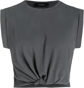 CIDER Crop Tops for Women Crew Neck T Shirts Short Sleeve Knotted Twist Front Loose Summer Basic Tee