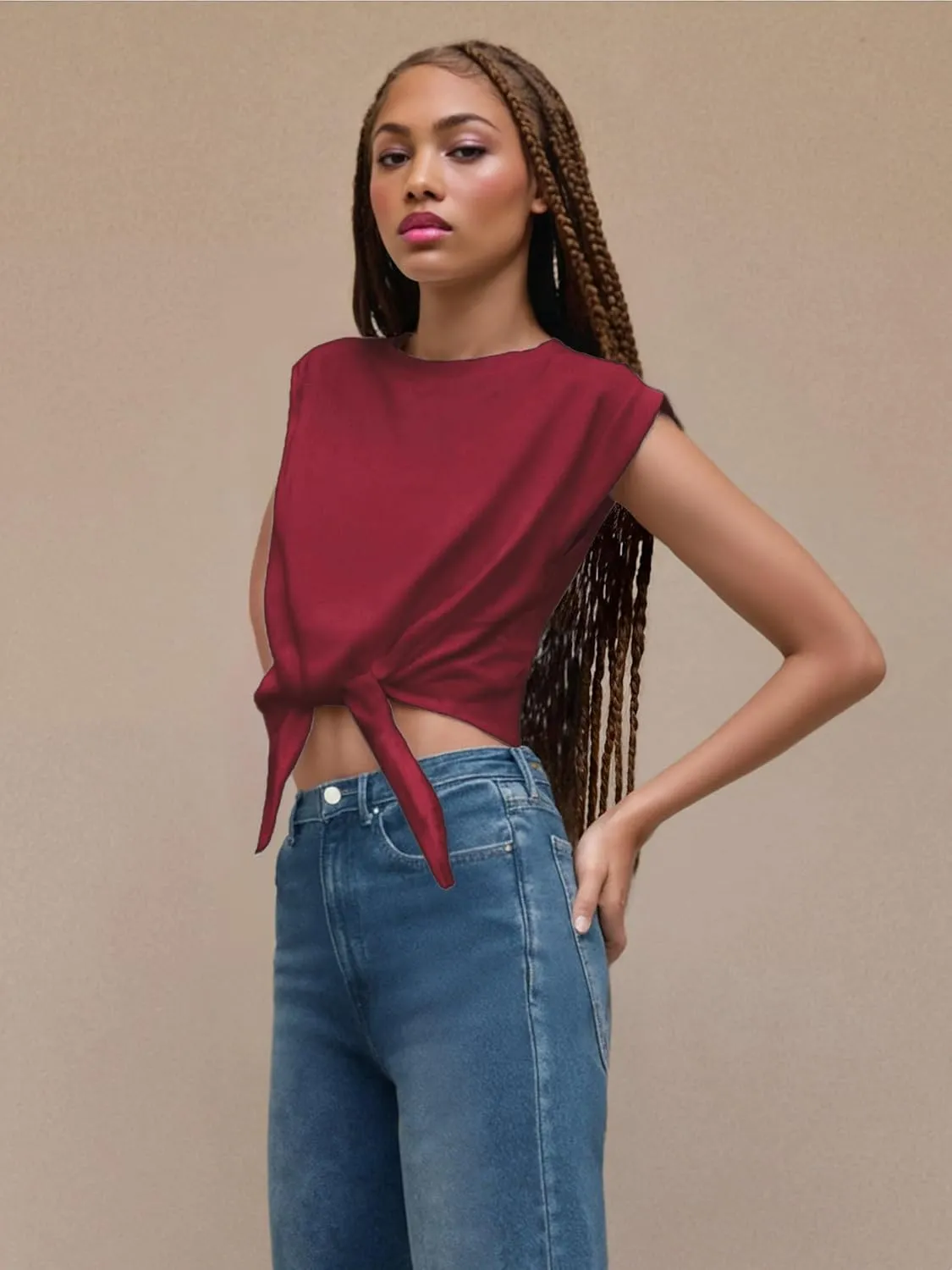 CIDER Crop Tops for Women Crew Neck T Shirts Short Sleeve Knotted Twist Front Loose Summer Basic Tee