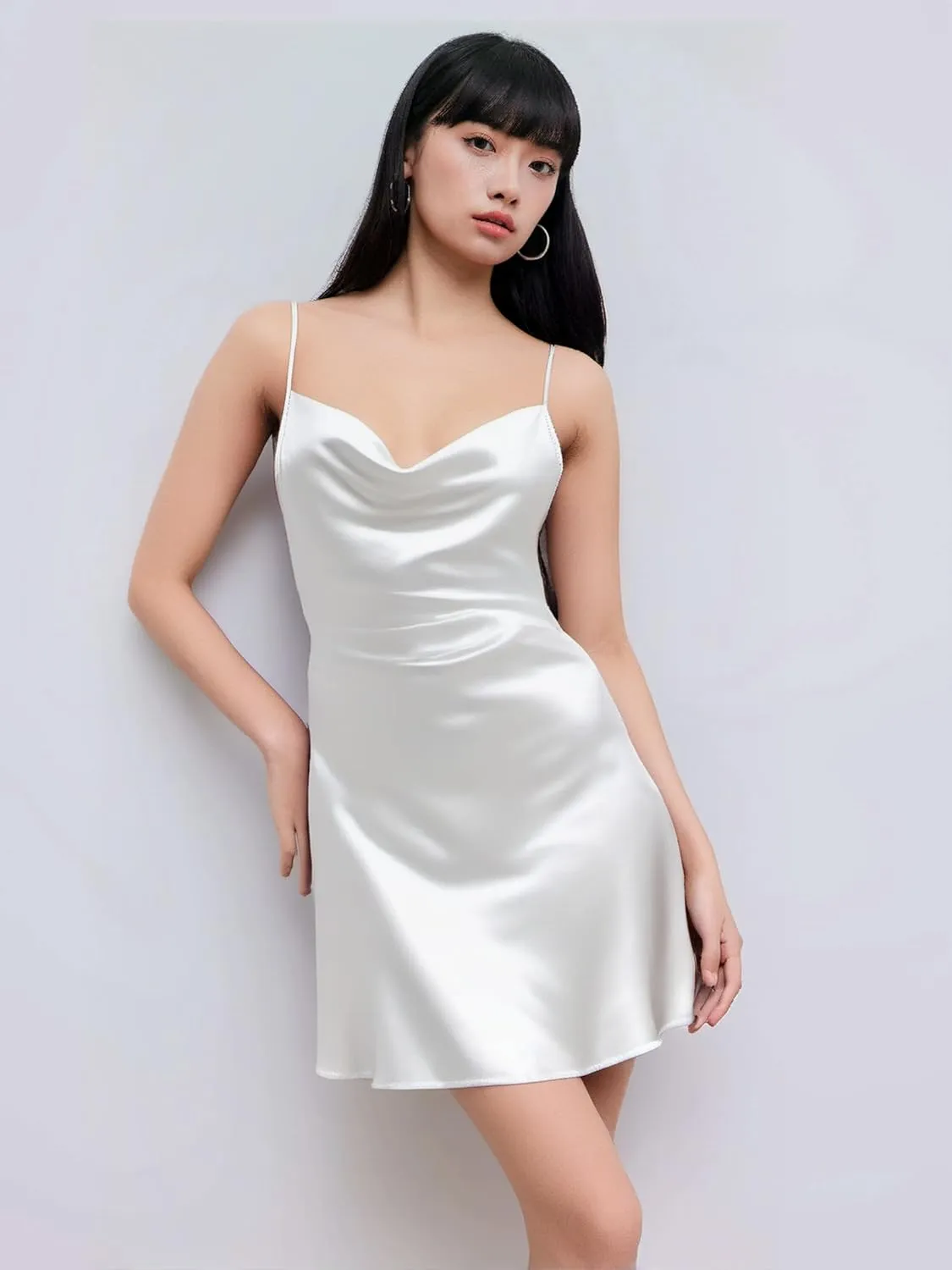 CIDER Women Summer 2025 Wedding Guest Cocktail Dresses Solid Satin Cowl Neck Cami Mini Dress