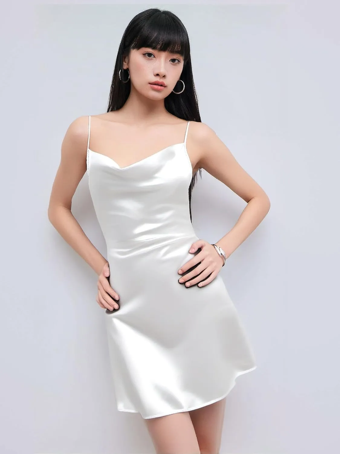 CIDER Women Summer 2025 Wedding Guest Cocktail Dresses Solid Satin Cowl Neck Cami Mini Dress