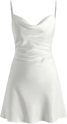 CIDER Women Summer 2025 Wedding Guest Cocktail Dresses Solid Satin Cowl Neck Cami Mini Dress