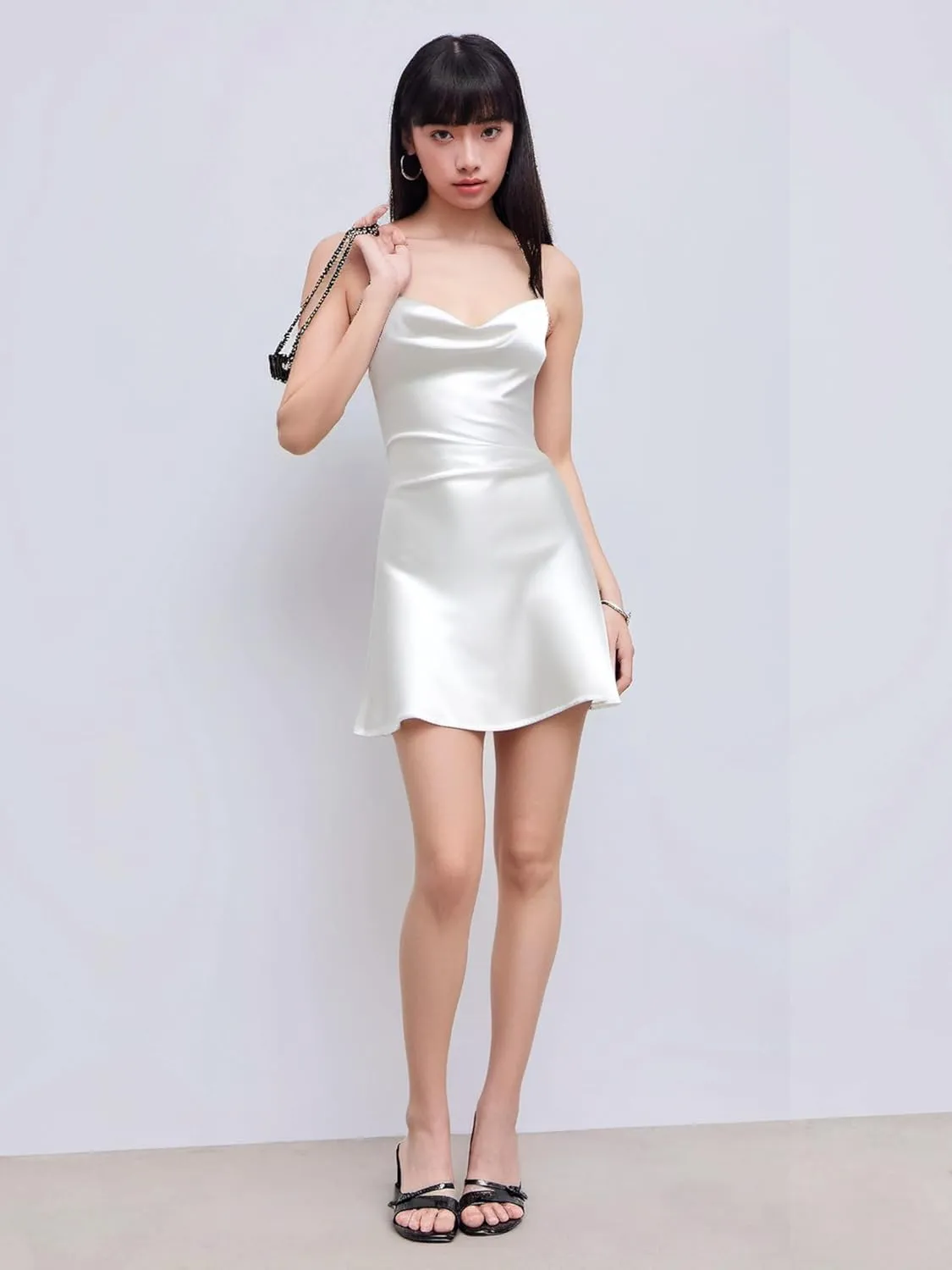 CIDER Women Summer 2025 Wedding Guest Cocktail Dresses Solid Satin Cowl Neck Cami Mini Dress