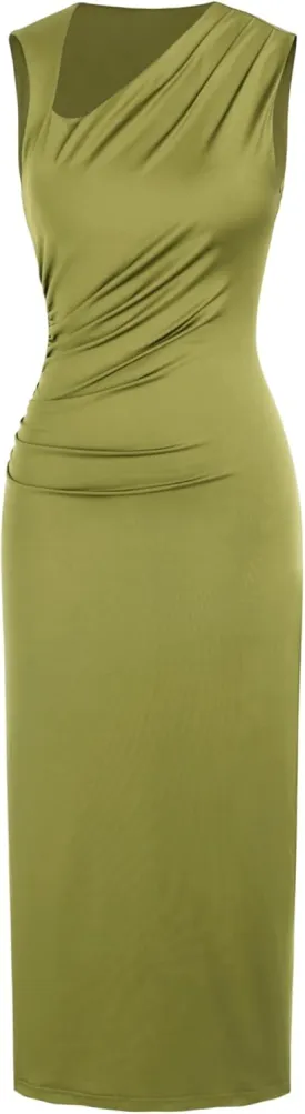CIDER Women's Cocktail Dress Asymmetrical Neck Ruched Formal Dresses Bodycon Long Maxi Wedding Guest Dresses for Summer
