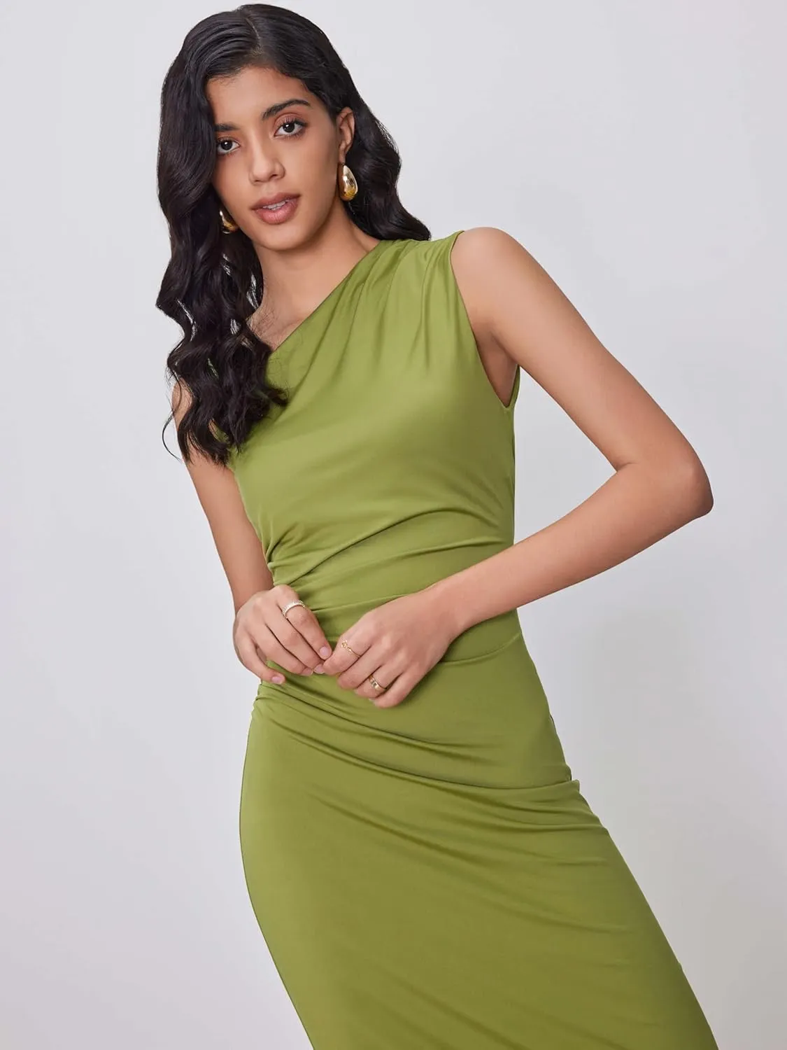 CIDER Women's Cocktail Dress Asymmetrical Neck Ruched Formal Dresses Bodycon Long Maxi Wedding Guest Dresses for Summer