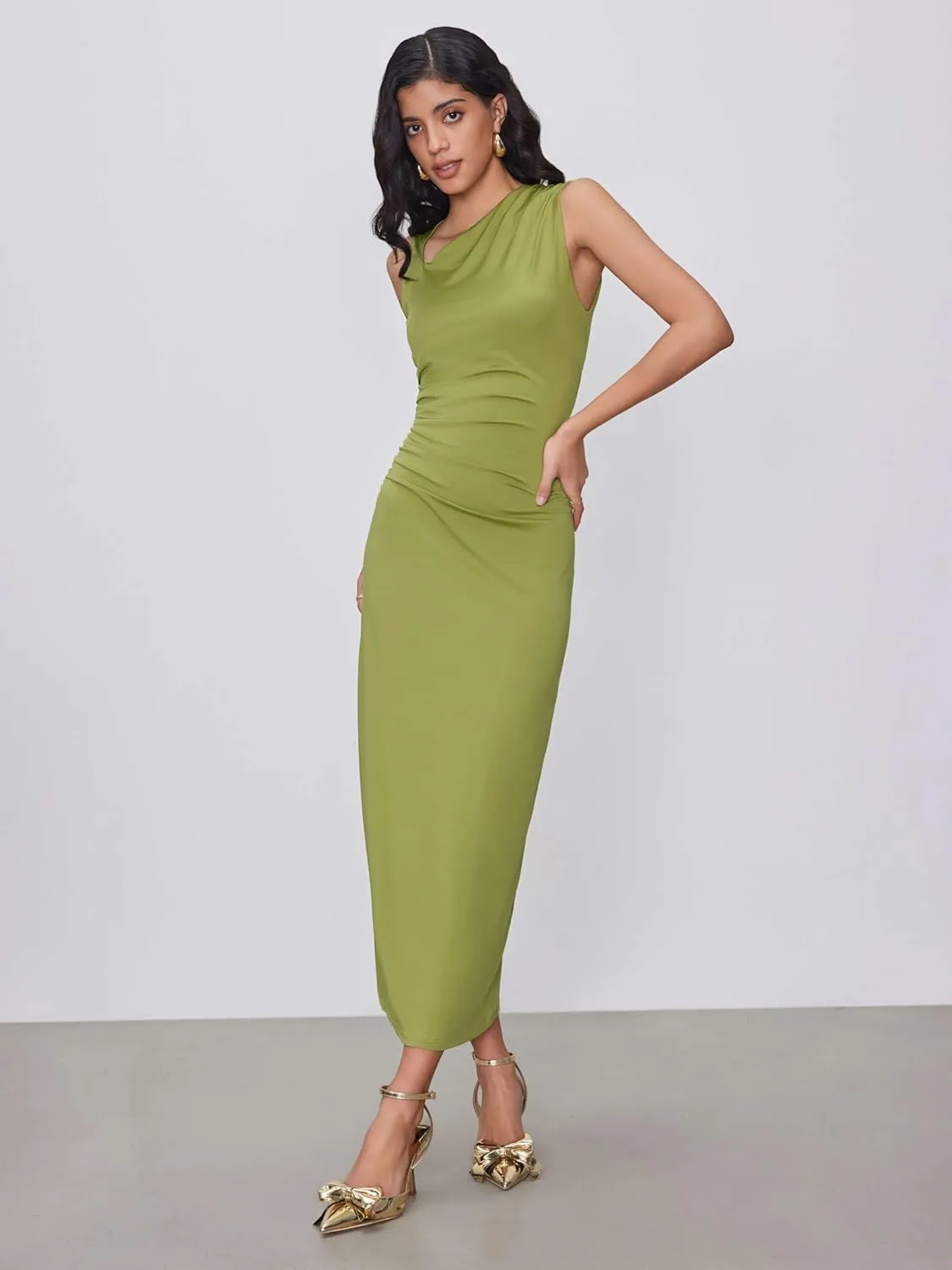 CIDER Women's Cocktail Dress Asymmetrical Neck Ruched Formal Dresses Bodycon Long Maxi Wedding Guest Dresses for Summer