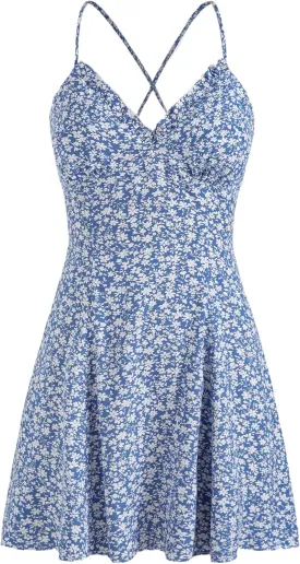 CIDER Womens Mini Dress Backless Floral V Neck Tie Back Summer Beach Vacation Sundress Going Out Dresses