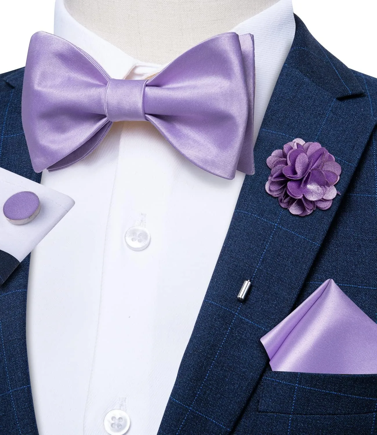 DiBanGu Solid Color Bow Ties for Men Formal Satin Self Tied Bowtie with Lapel Pin Pocket Square Cufflinks for Wedding Party