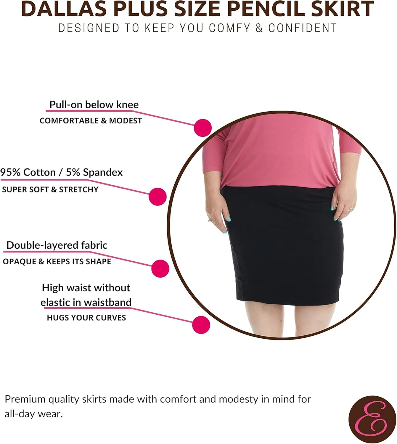 ESTEEZ Plus Size Knee Length Stretchy Cotton Pull-On Pencil Skirt for Women 1X - 4X - Dallas