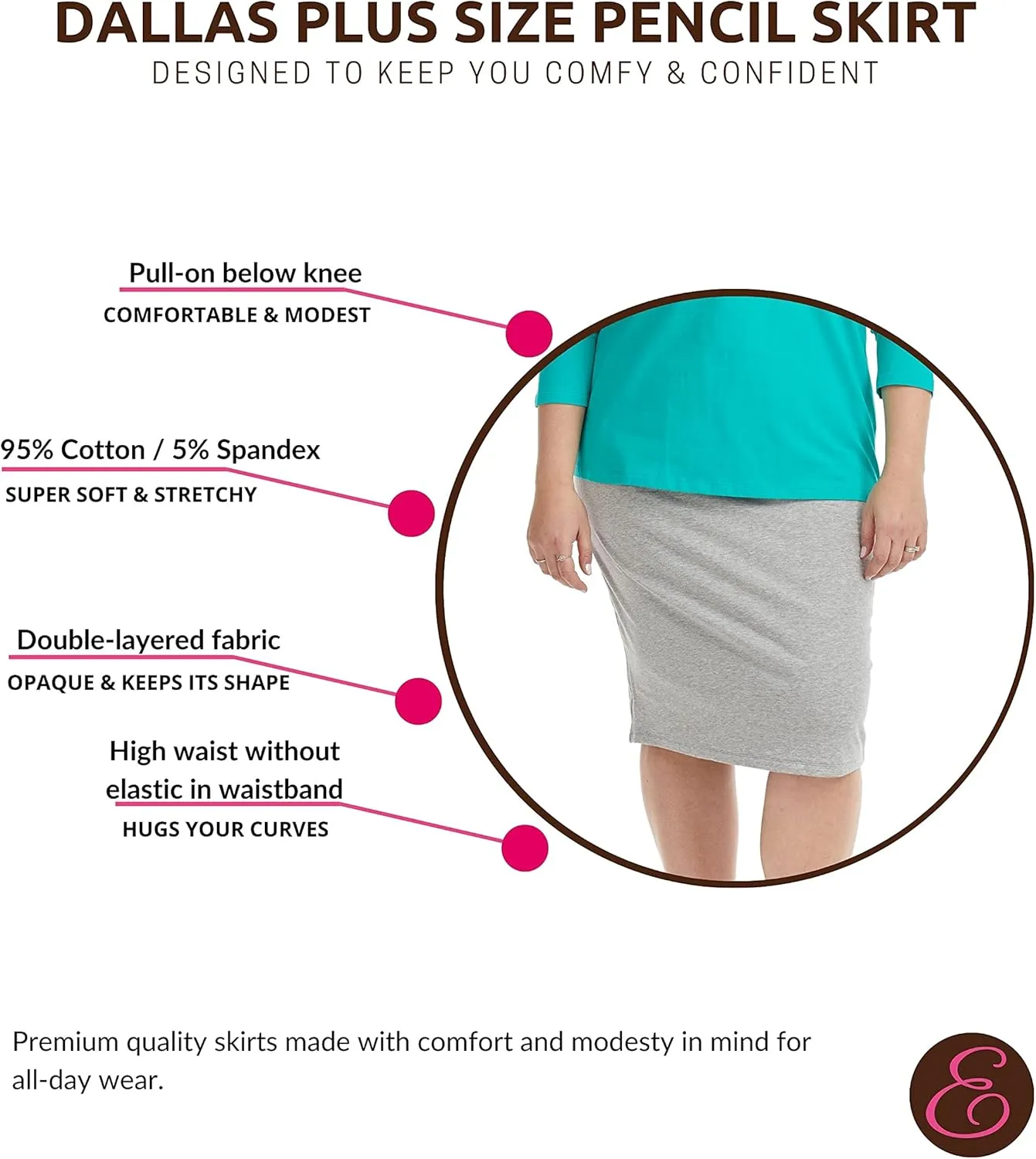 ESTEEZ Plus Size Knee Length Stretchy Cotton Pull-On Pencil Skirt for Women 1X - 4X - Dallas