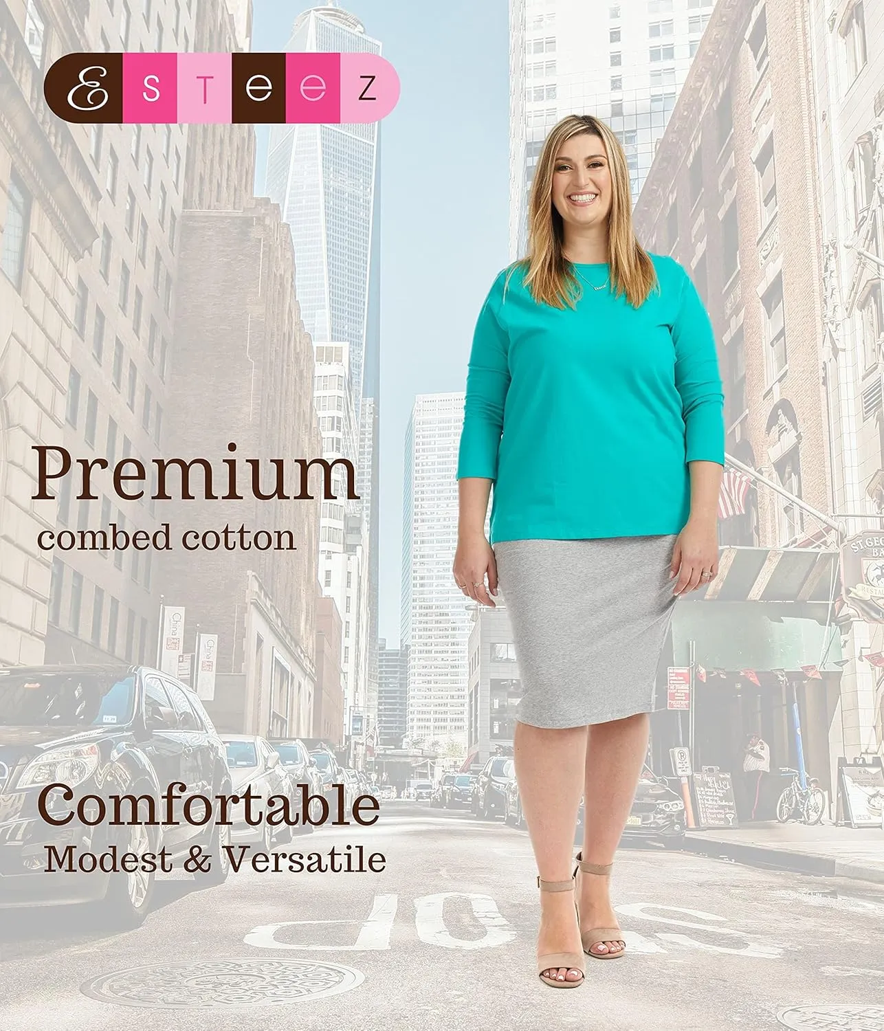 ESTEEZ Plus Size Knee Length Stretchy Cotton Pull-On Pencil Skirt for Women 1X - 4X - Dallas