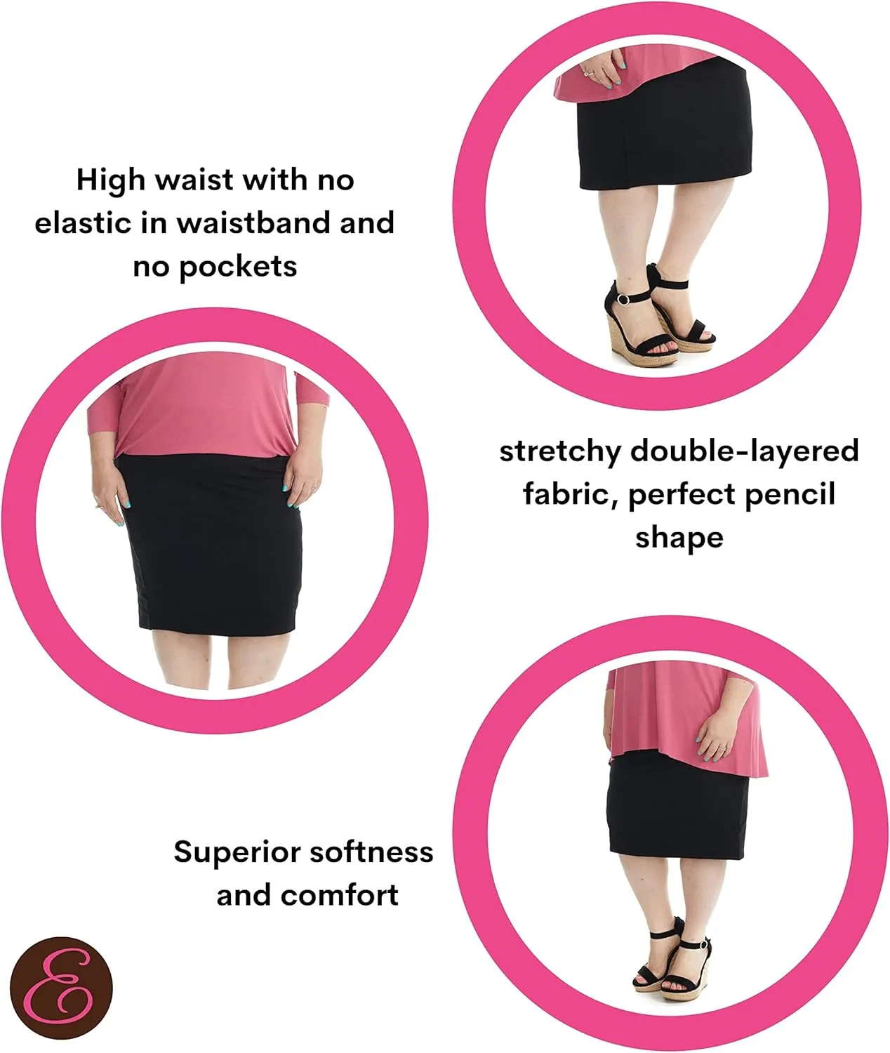 ESTEEZ Plus Size Knee Length Stretchy Cotton Pull-On Pencil Skirt for Women 1X - 4X - Dallas