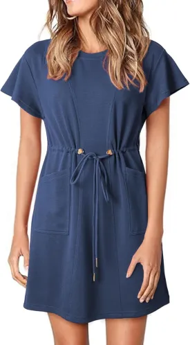 EVALESS Womens Spring Summer Dresses 2025 Casual Round Neck Ruffle Short Sleeve Flowy A Line Mini Dress with Pockets