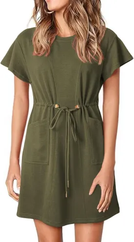 EVALESS Womens Spring Summer Dresses 2025 Casual Round Neck Ruffle Short Sleeve Flowy A Line Mini Dress with Pockets
