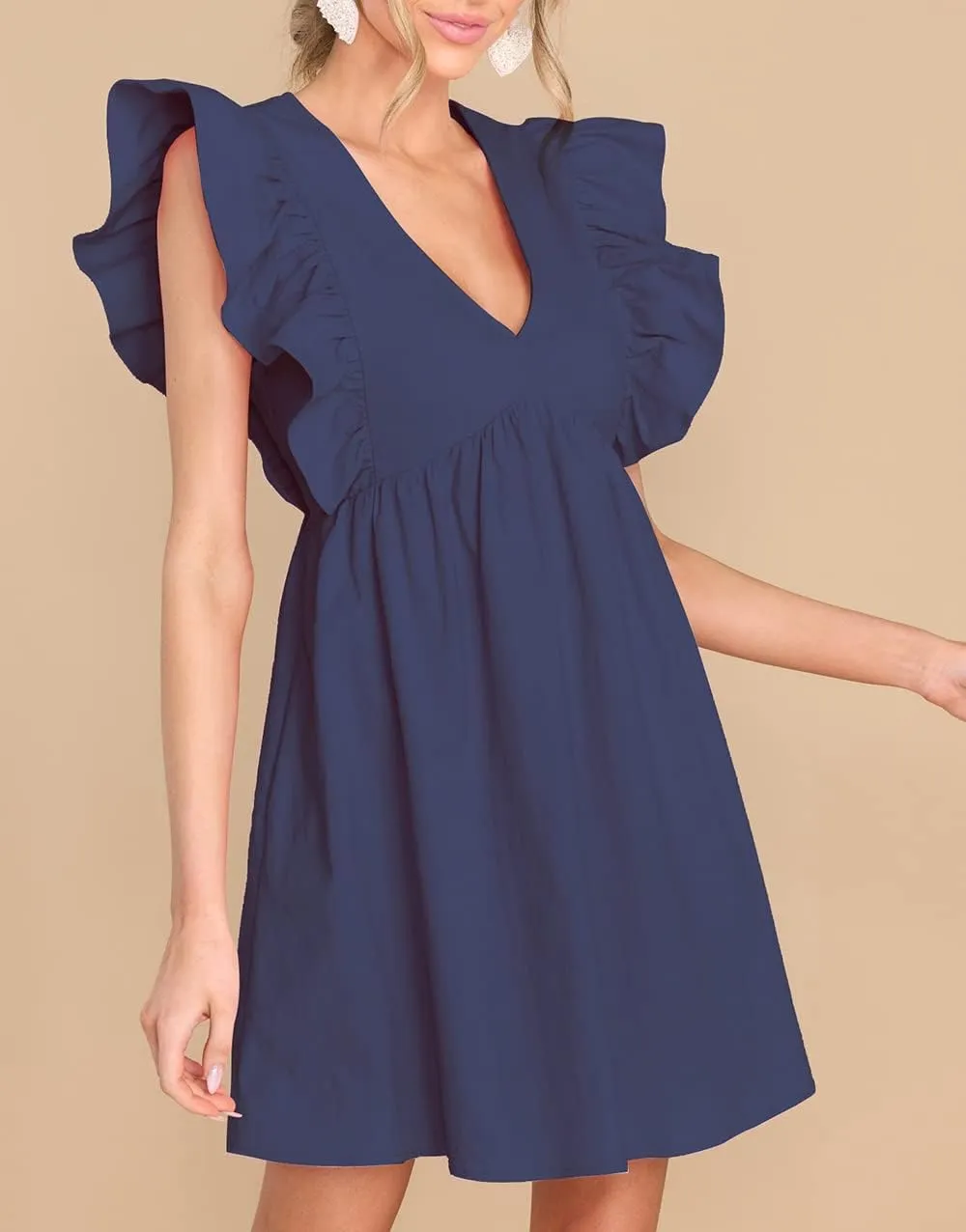 FANCYINN Women's Summer Casual Babydoll Mini Dress Ruffle Sleeveless Deep V Neck High Waist Swing Tunic Dress with Pockets