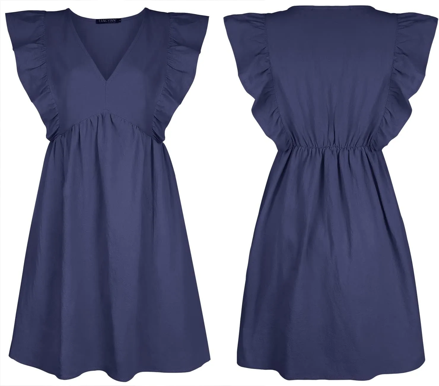 FANCYINN Women's Summer Casual Babydoll Mini Dress Ruffle Sleeveless Deep V Neck High Waist Swing Tunic Dress with Pockets