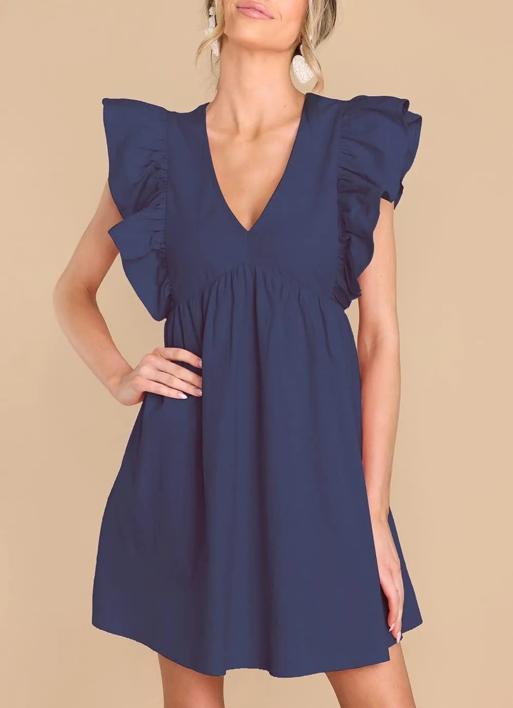 FANCYINN Women's Summer Casual Babydoll Mini Dress Ruffle Sleeveless Deep V Neck High Waist Swing Tunic Dress with Pockets