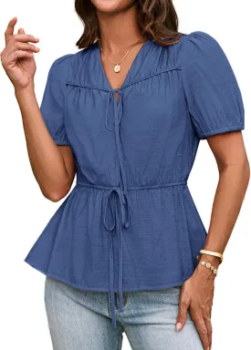 GRACE KARIN Womens Summer Tops V Neck Short Sleeve Tie Front Blouses Peplum Babydoll Top