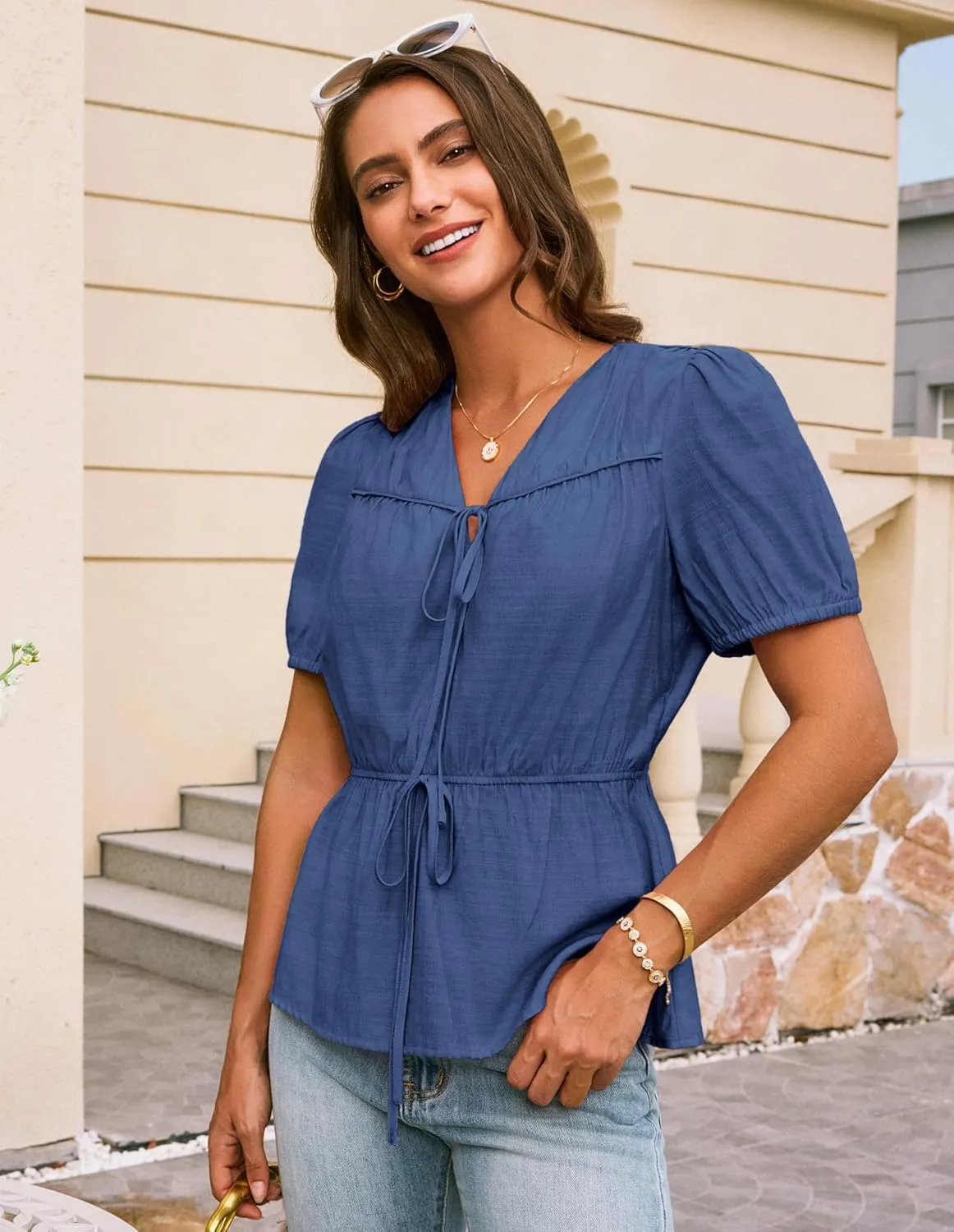 GRACE KARIN Womens Summer Tops V Neck Short Sleeve Tie Front Blouses Peplum Babydoll Top