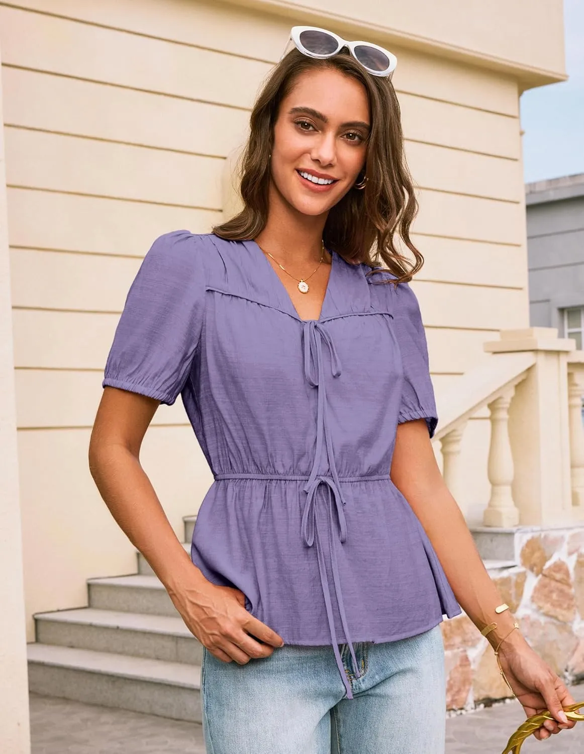 GRACE KARIN Womens Summer Tops V Neck Short Sleeve Tie Front Blouses Peplum Babydoll Top
