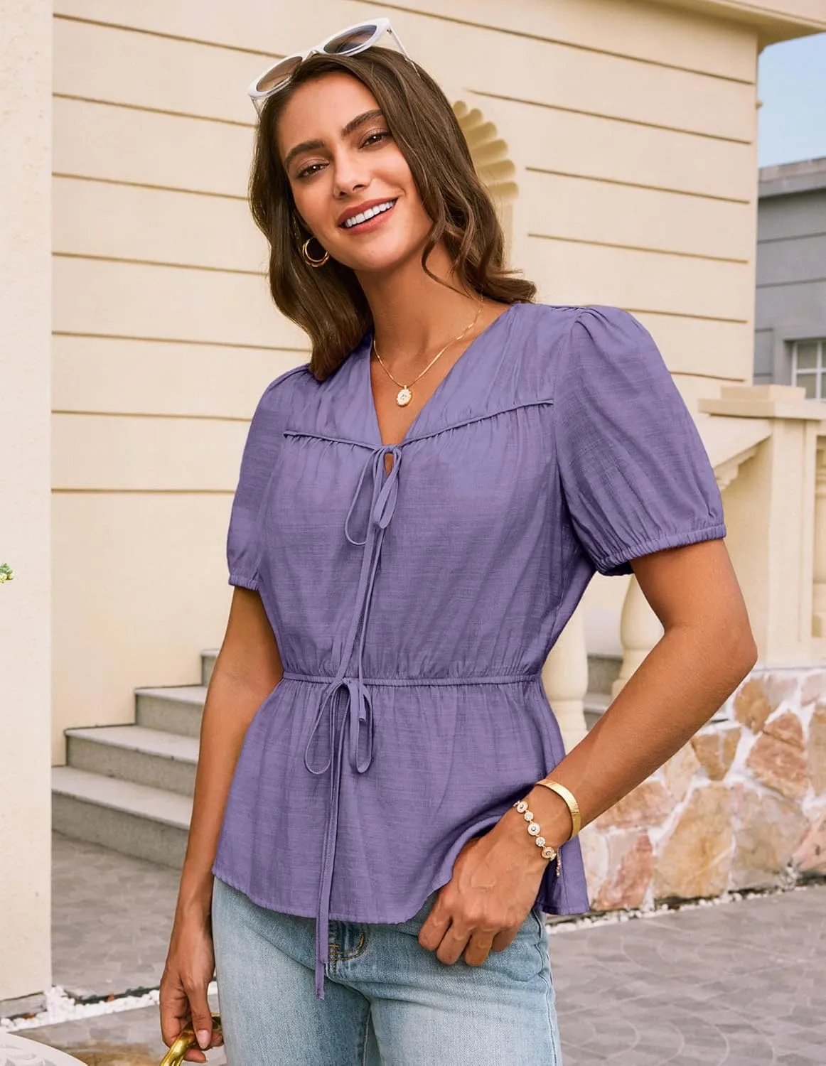 GRACE KARIN Womens Summer Tops V Neck Short Sleeve Tie Front Blouses Peplum Babydoll Top