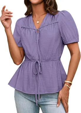 GRACE KARIN Womens Summer Tops V Neck Short Sleeve Tie Front Blouses Peplum Babydoll Top