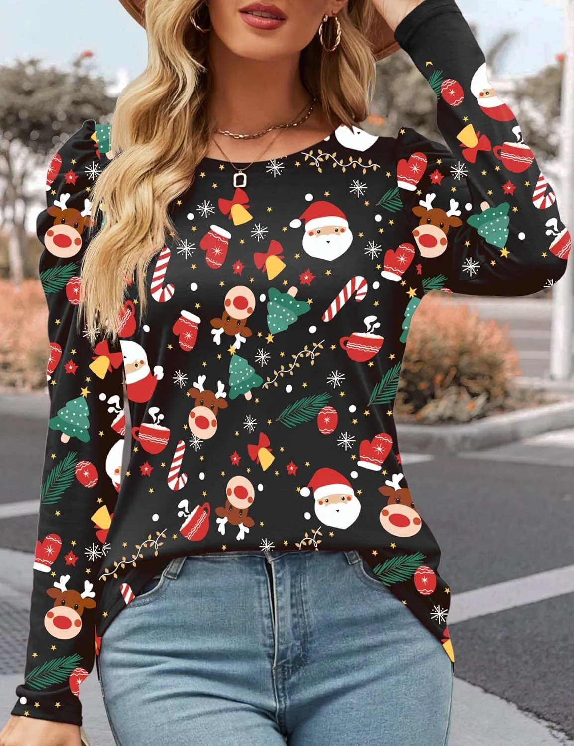 Ivicoer Women's Puff Sleeve Crew Neck Tunic Tops Casual Cute Loose Fit T Shirts Soft Work Floral Print Blouses S-XXL