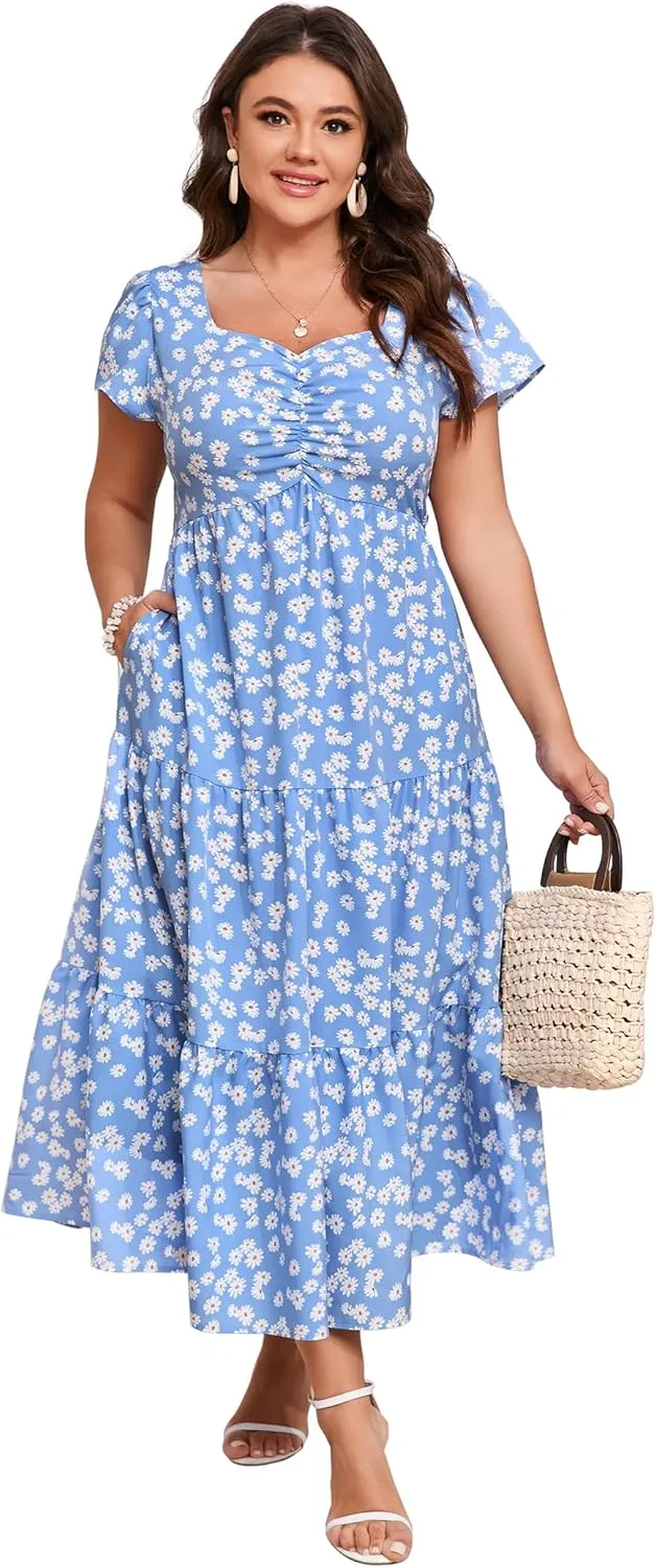 KOJOOIN Women Plus Size Summer Dress Short Sleeve Casual Floral Midi Sweetheart Neck Ruffle Dress