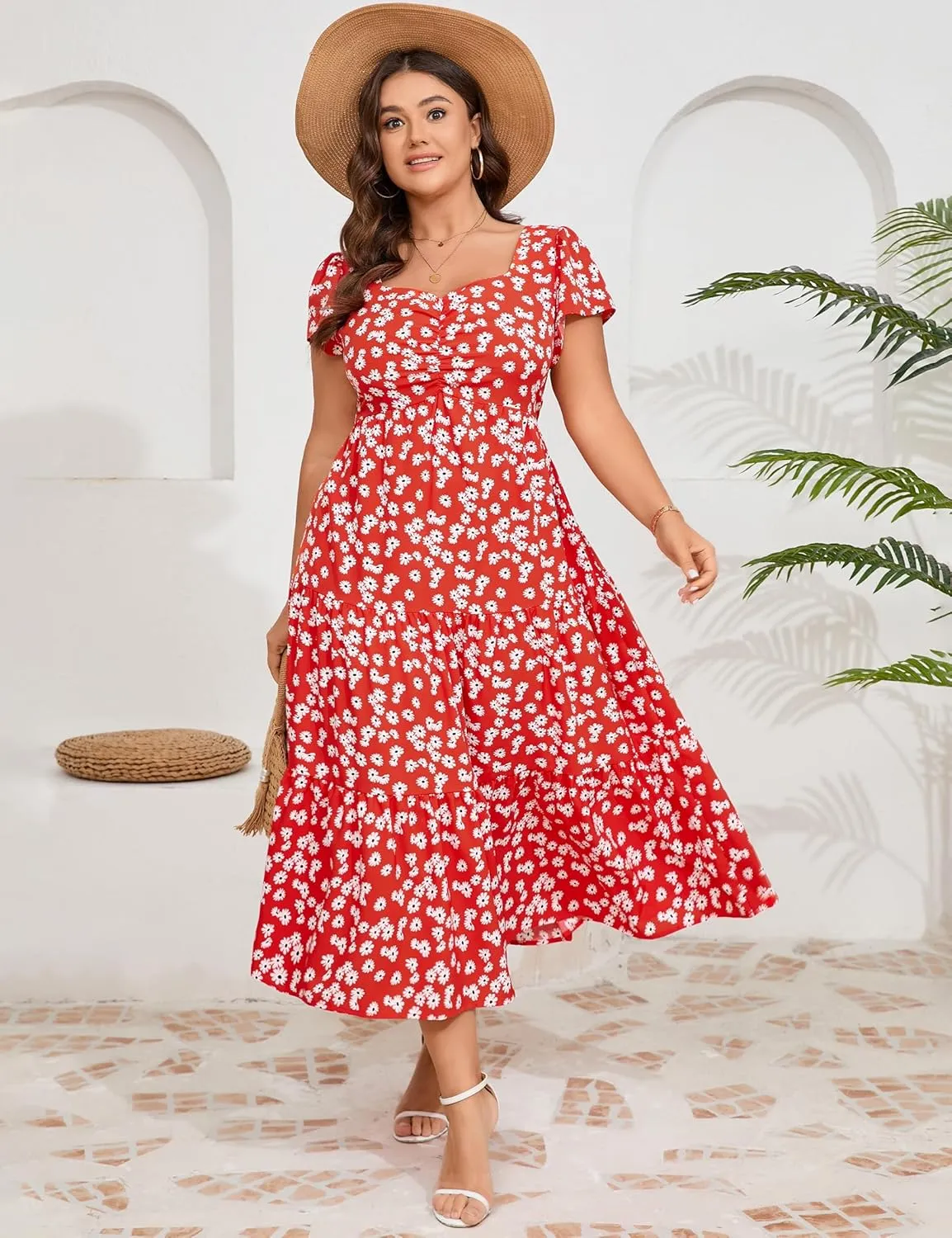 KOJOOIN Women Plus Size Summer Dress Short Sleeve Casual Floral Midi Sweetheart Neck Ruffle Dress