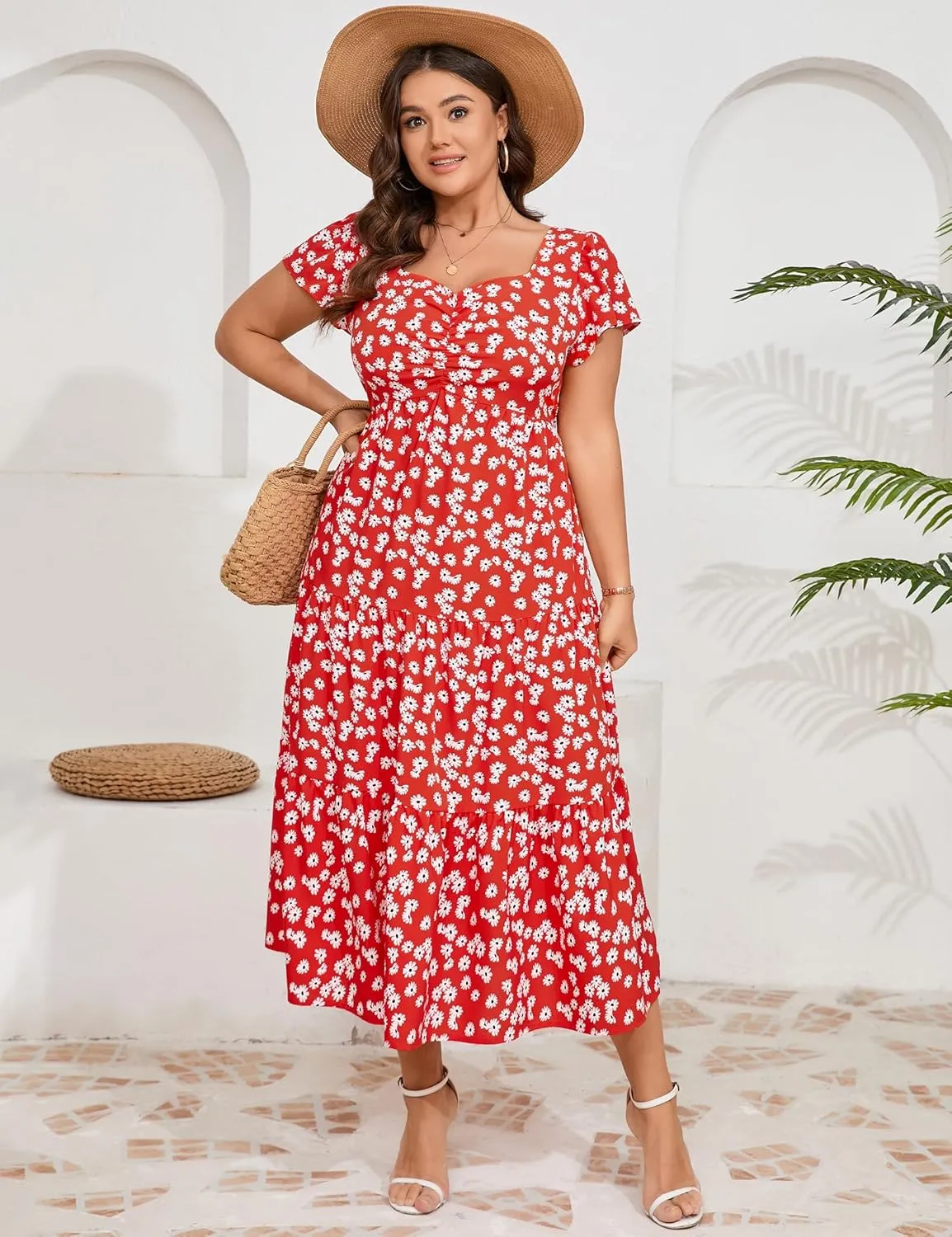 KOJOOIN Women Plus Size Summer Dress Short Sleeve Casual Floral Midi Sweetheart Neck Ruffle Dress