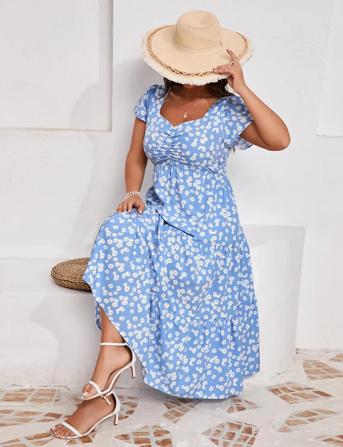 KOJOOIN Women Plus Size Summer Dress Short Sleeve Casual Floral Midi Sweetheart Neck Ruffle Dress