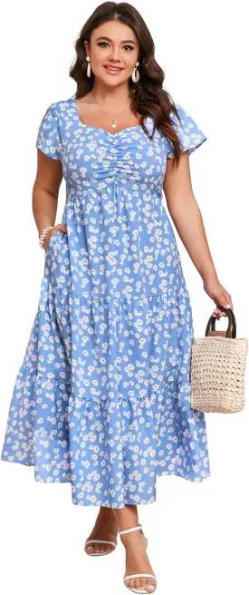 KOJOOIN Women Plus Size Summer Dress Short Sleeve Casual Floral Midi Sweetheart Neck Ruffle Dress