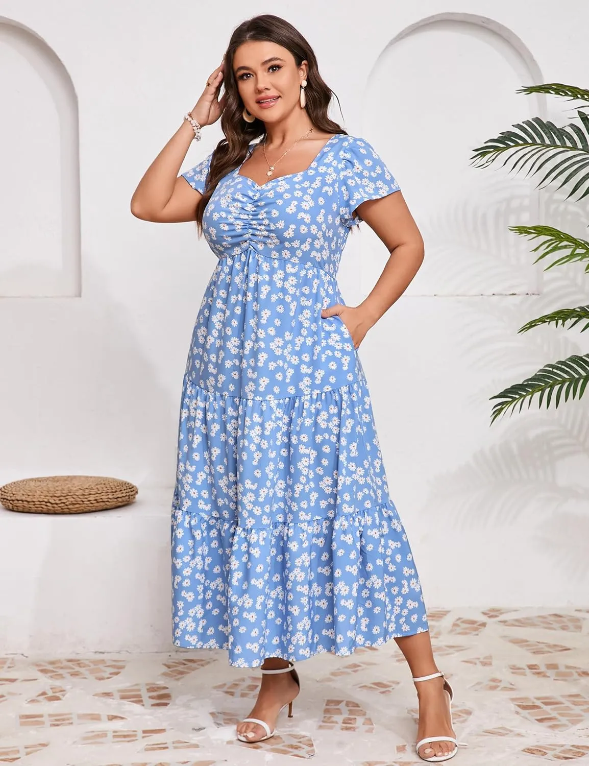KOJOOIN Women Plus Size Summer Dress Short Sleeve Casual Floral Midi Sweetheart Neck Ruffle Dress
