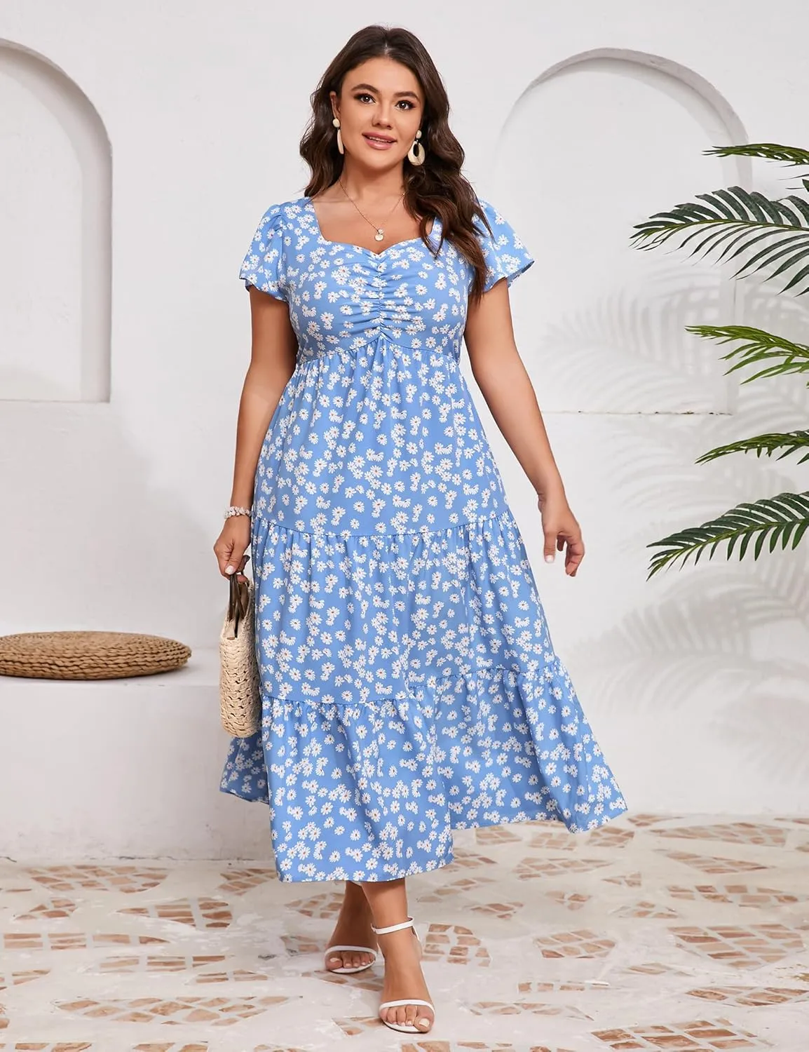 KOJOOIN Women Plus Size Summer Dress Short Sleeve Casual Floral Midi Sweetheart Neck Ruffle Dress
