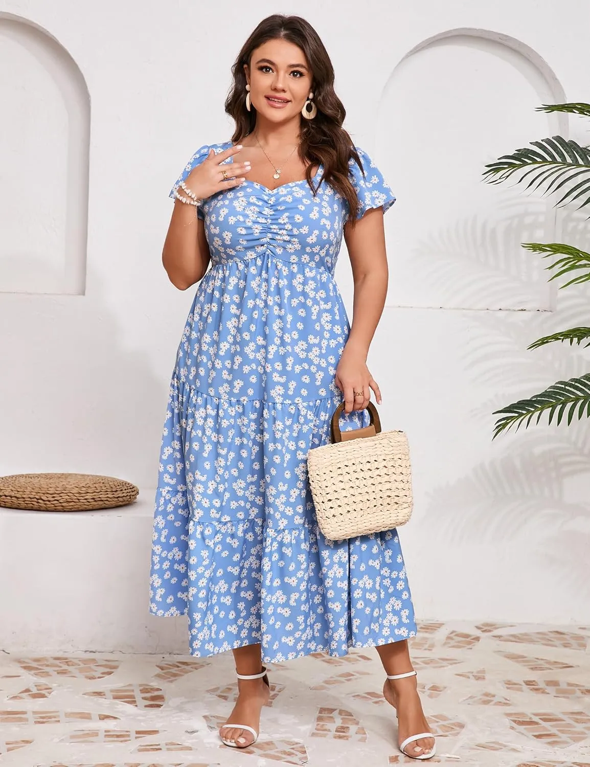 KOJOOIN Women Plus Size Summer Dress Short Sleeve Casual Floral Midi Sweetheart Neck Ruffle Dress