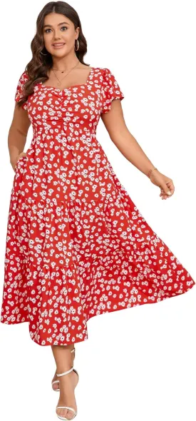 KOJOOIN Women Plus Size Summer Dress Short Sleeve Casual Floral Midi Sweetheart Neck Ruffle Dress