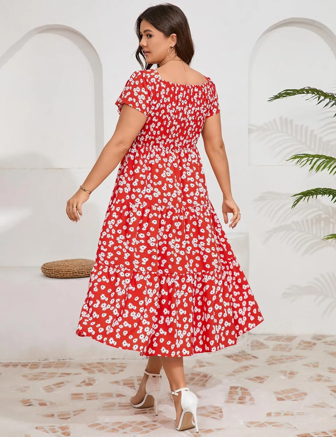 KOJOOIN Women Plus Size Summer Dress Short Sleeve Casual Floral Midi Sweetheart Neck Ruffle Dress