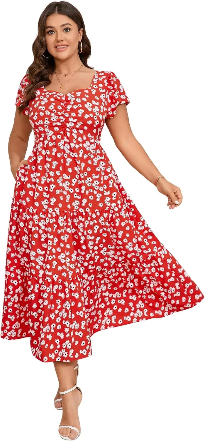 KOJOOIN Women Plus Size Summer Dress Short Sleeve Casual Floral Midi Sweetheart Neck Ruffle Dress