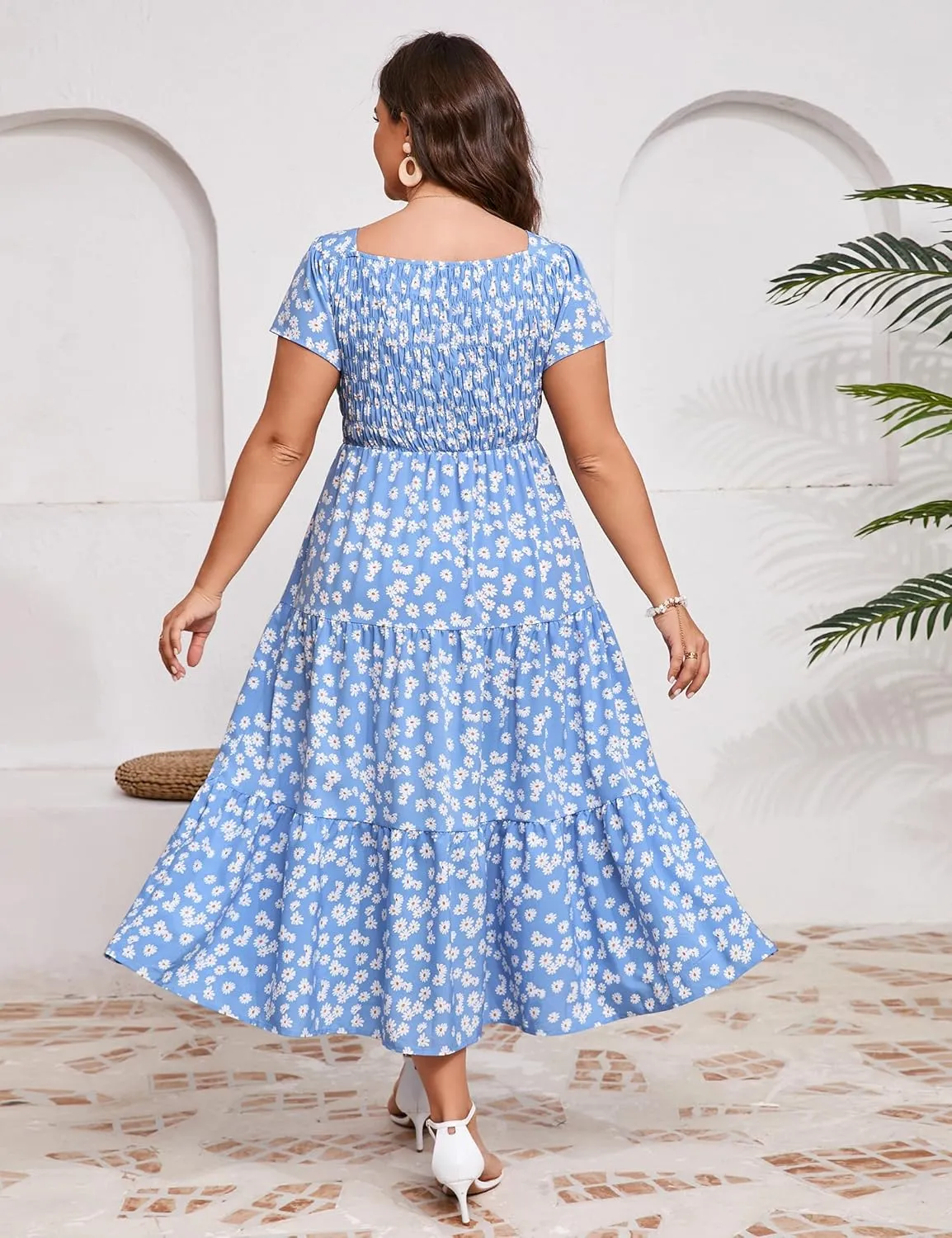 KOJOOIN Women Plus Size Summer Dress Short Sleeve Casual Floral Midi Sweetheart Neck Ruffle Dress