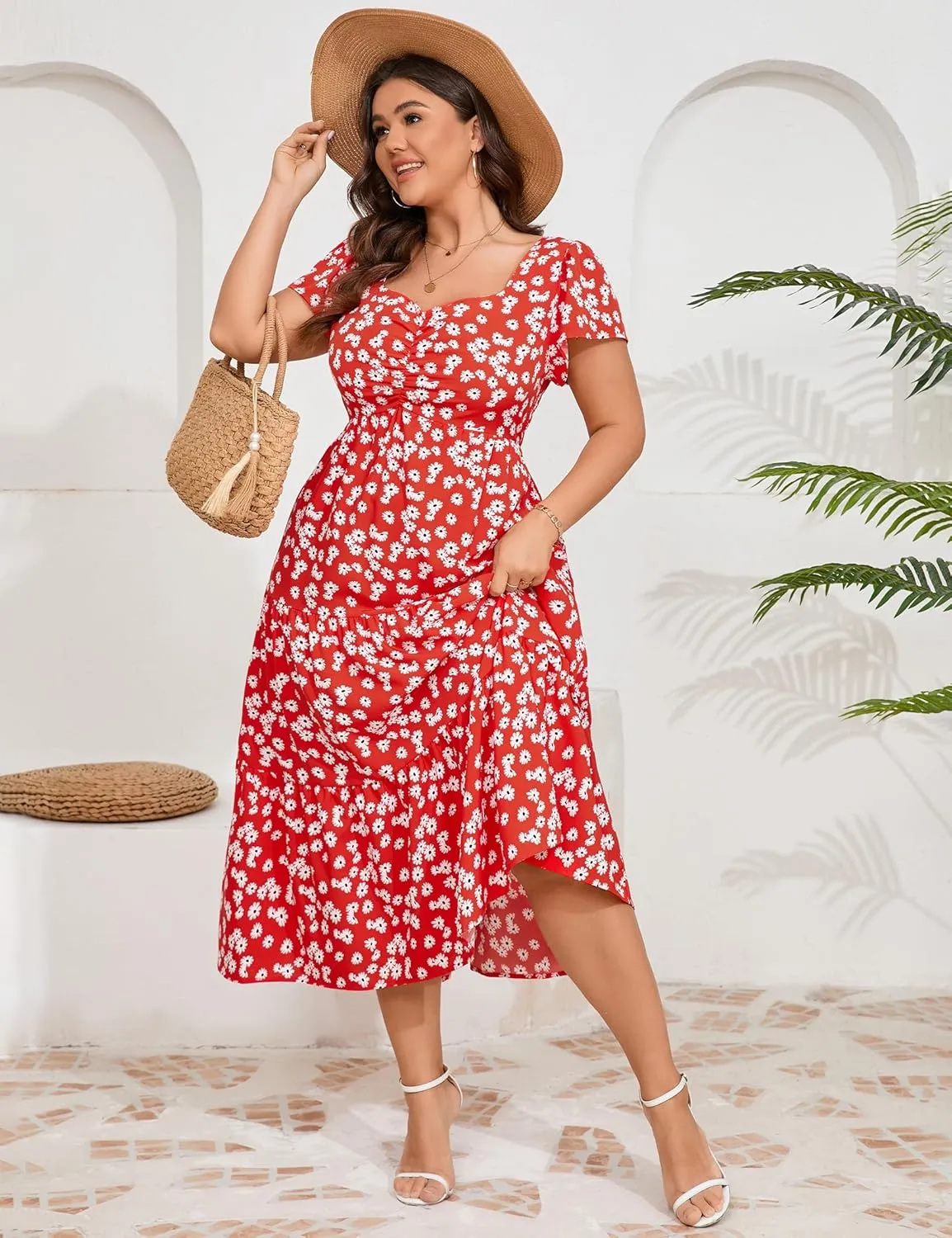 KOJOOIN Women Plus Size Summer Dress Short Sleeve Casual Floral Midi Sweetheart Neck Ruffle Dress