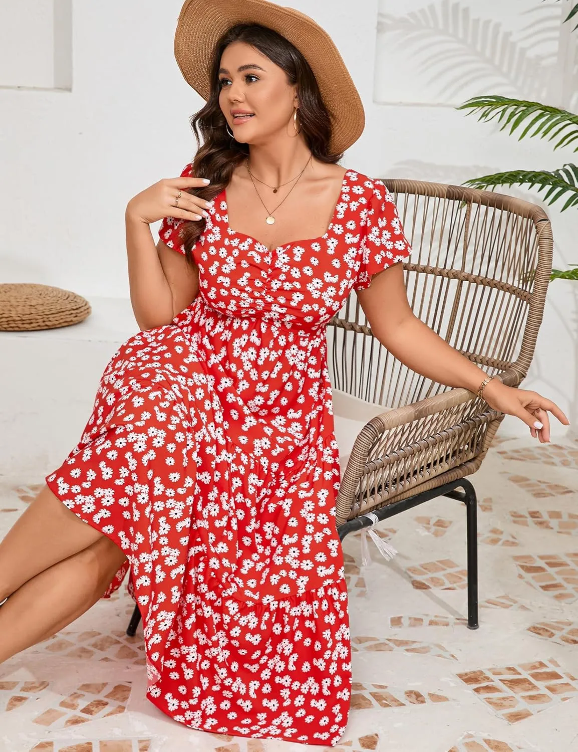 KOJOOIN Women Plus Size Summer Dress Short Sleeve Casual Floral Midi Sweetheart Neck Ruffle Dress